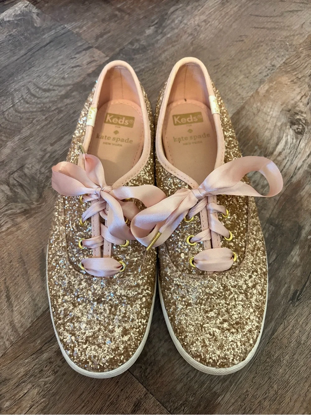 Keds x Kate Spade Gold Glitter Sneakers with Pink Ribbon Laces